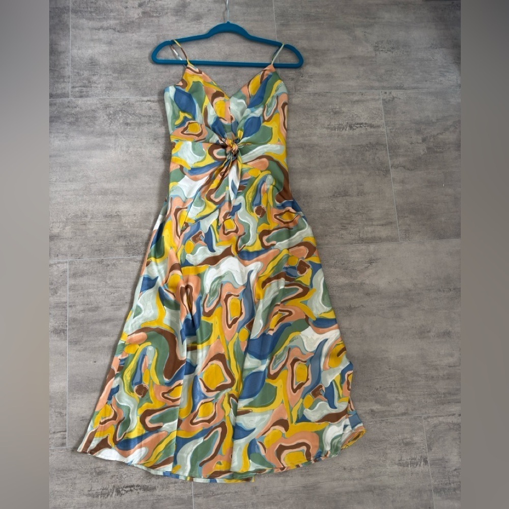 FLORET STUDIOS Printed Tie Front Satin Maxi Dress in Yellow Multi Swirl Size S - Picture 4 of 15